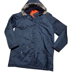 Vintage NESCO Coat Mens Medium Blue Nylon Hooded Fur Trim Parka Hong Kong